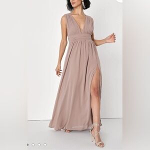 NEW LULU’S Size L Heavenly Hues Taupe Maxi Dress CHIFFON FRONT SLIT DEEP V-NECK